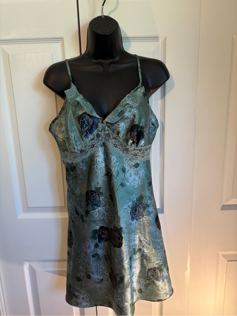 Secret Treasures Satin Floral Lace Slip Dress in Sage Green